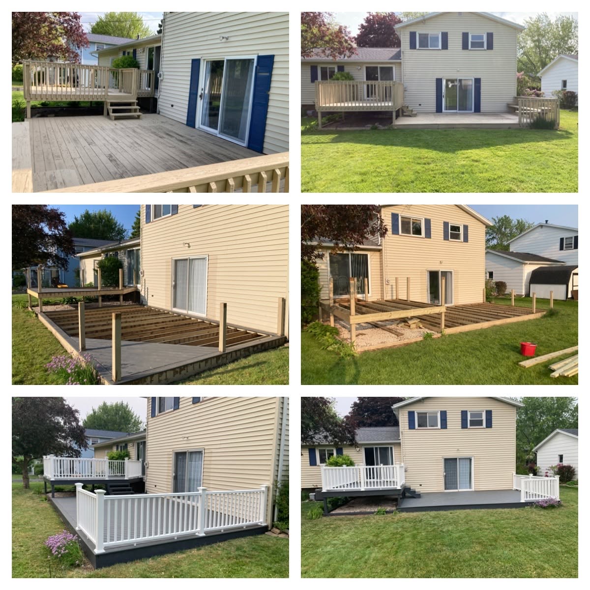 Before and after collage of aged decks rebuilt as gray composite with white rail
