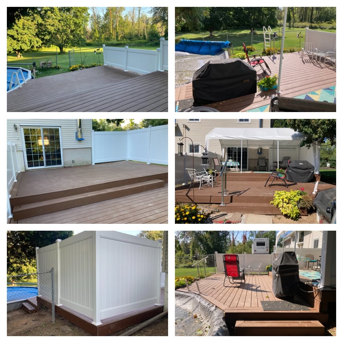 Collage of composite deck builds with white vinyl privacy fencing
