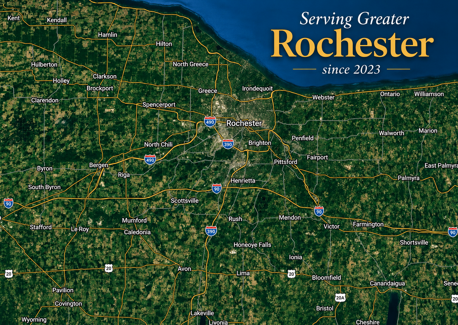 Map showing Appreciate Home Improvement's service area across Greater Rochester, NY since 2023