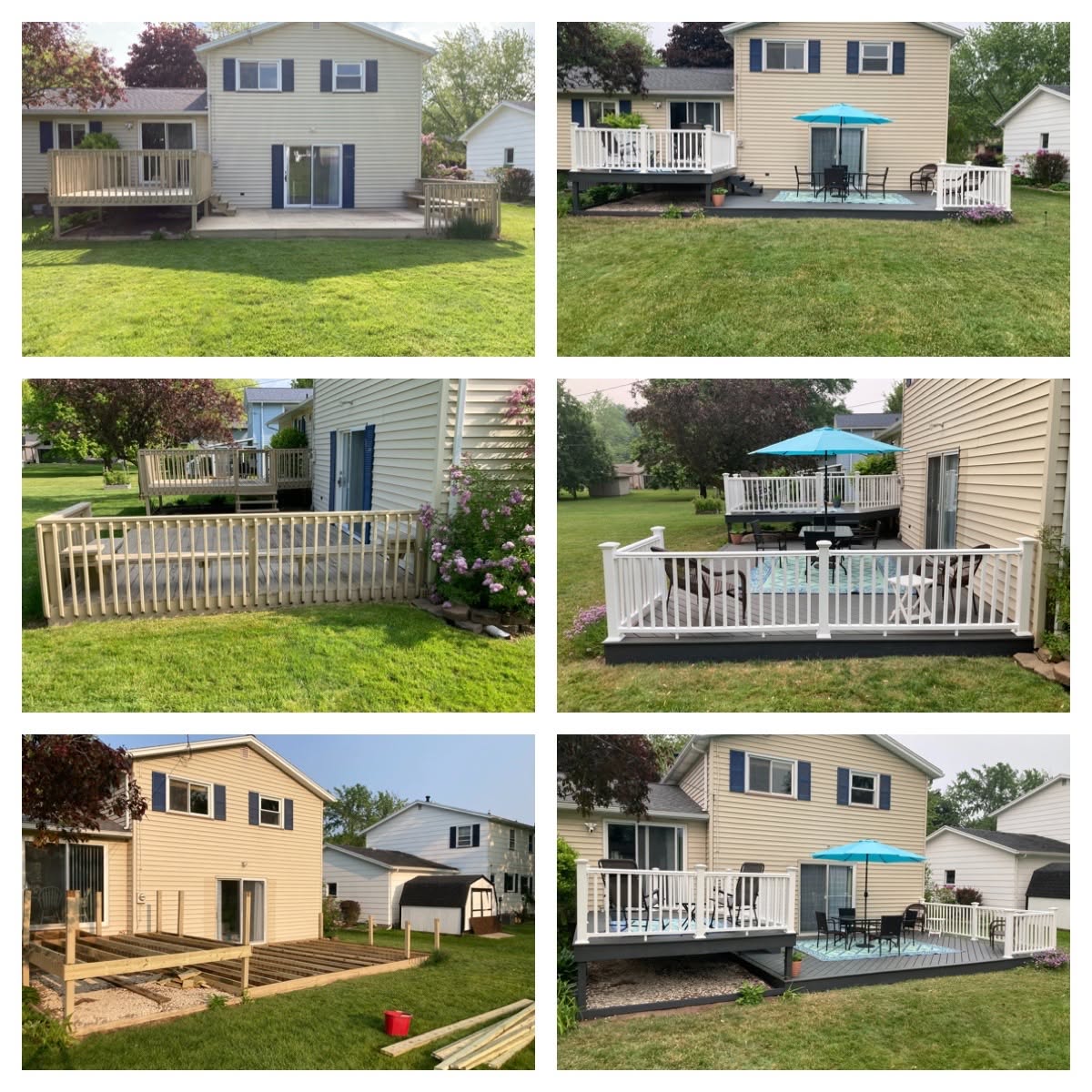 Before and after collage of tired wood decks replaced with new composite builds