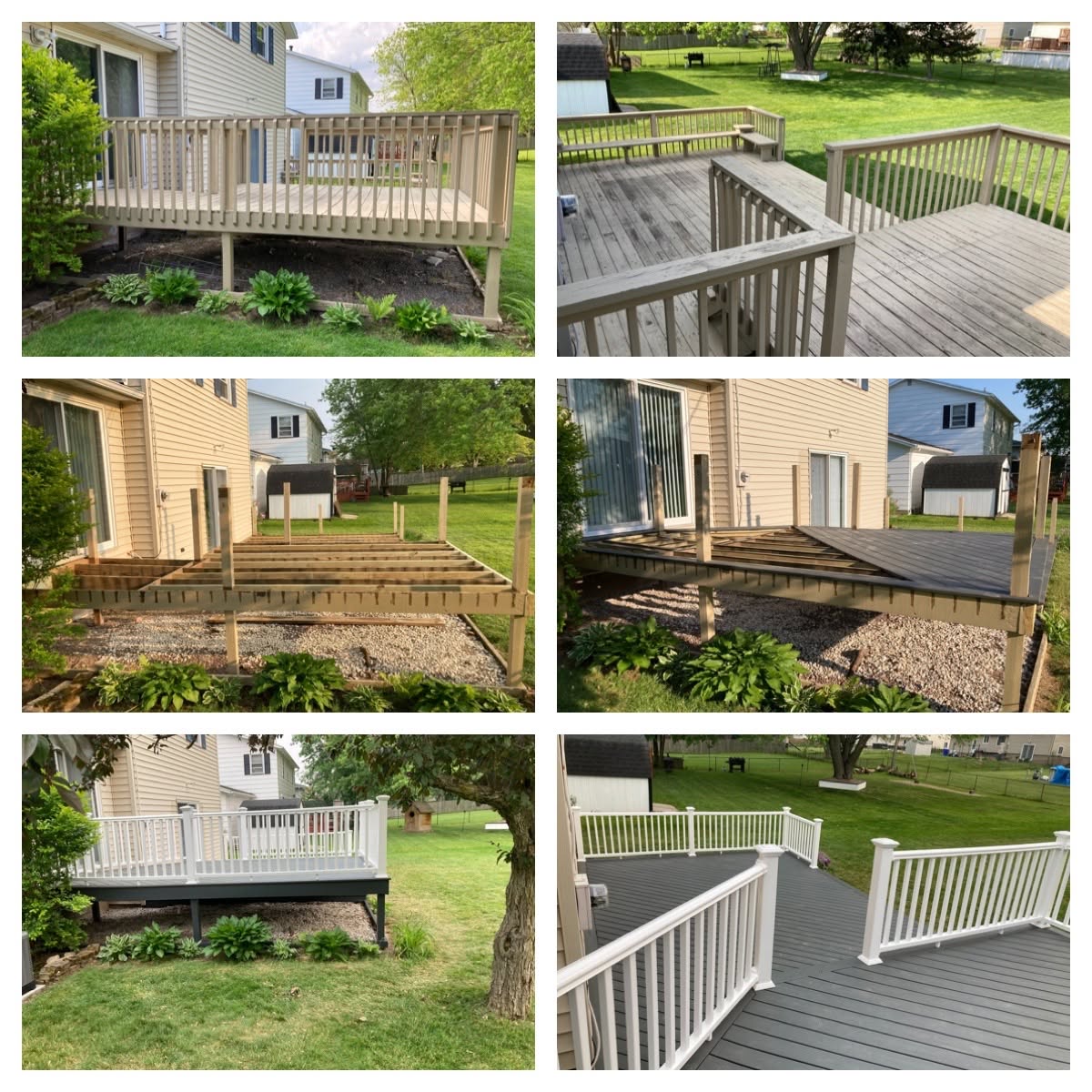 Progress collage showing deck framing, joists, and finished composite surface