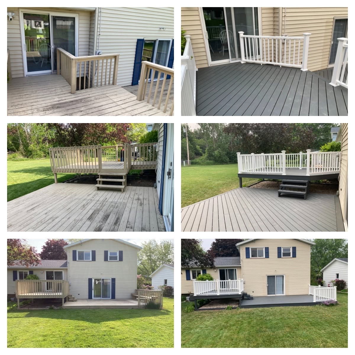 Close-up before and after shots of worn deck boards replaced with new composite surfaces